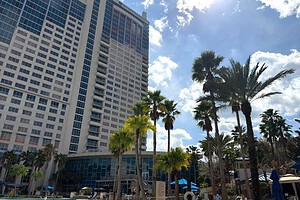 Exterior of building and palm tress during IBS 2026 at Orlando, Florida.